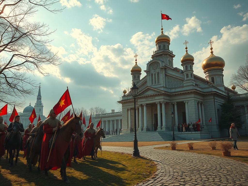 В центре города группа всадников с красными флагами движется к величественному зданию с золотыми куполами.